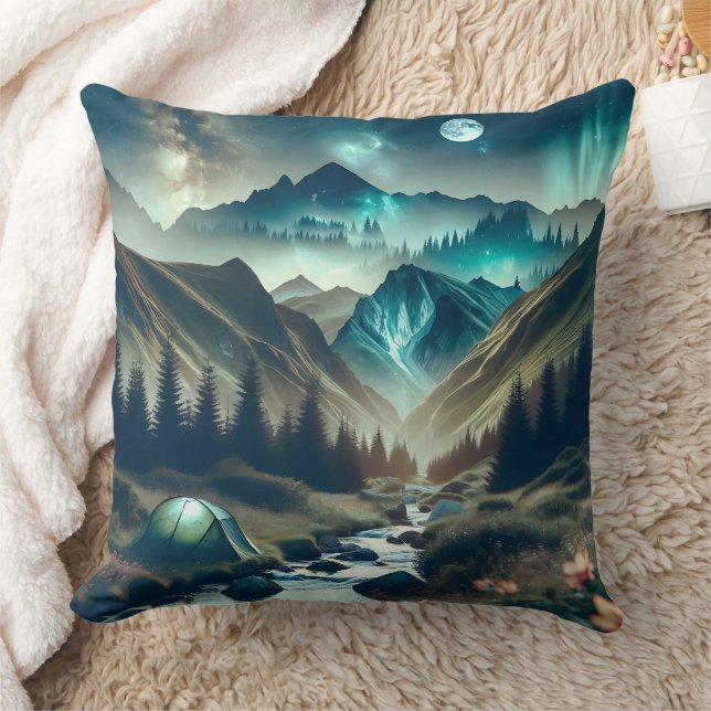 Beautiful Camping Scene with Mountains and Tent Cushion (Blanket)