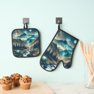 Beautiful Camping Scene with Mountains and Tent Oven Mitt & Pot Holder Set