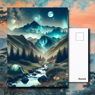 Beautiful Camping Scene with Mountains and Tent Postcard