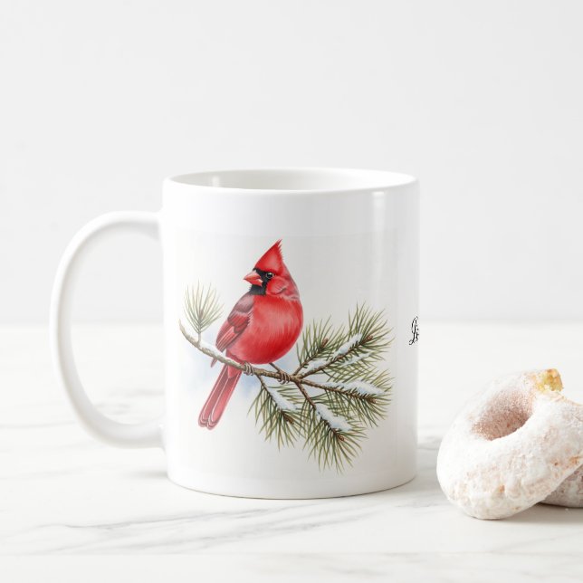 Beautiful Cardinal Bird on Branch Personalized  Coffee Mug (With Donut)