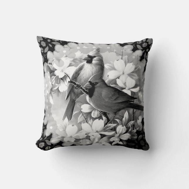 Beautiful Cardinal Birds In Black and White Cushion (Front)