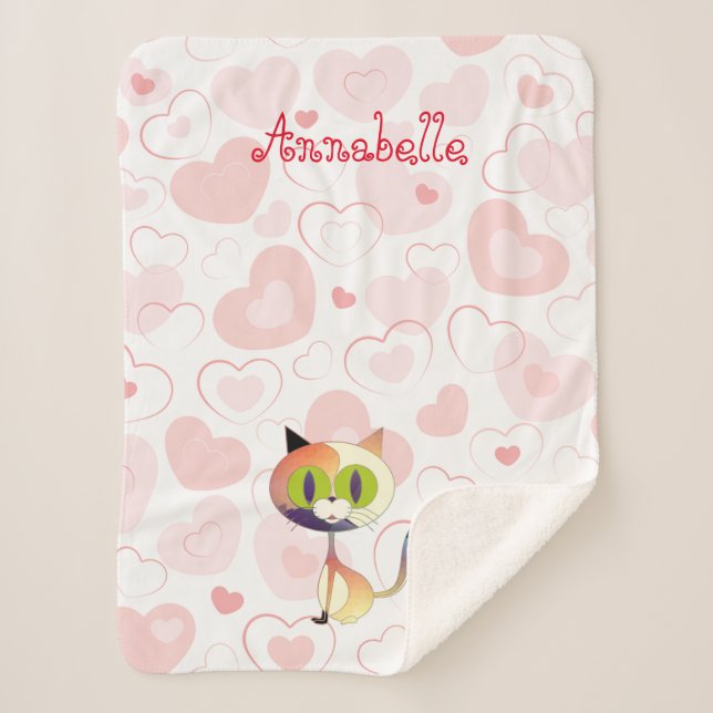 Beautiful Cartoon Cat and Cute Elegant Hearts Sherpa Blanket (Front)
