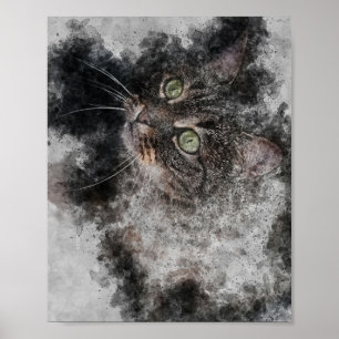 beautiful cat big green eyes watercolor painting poster