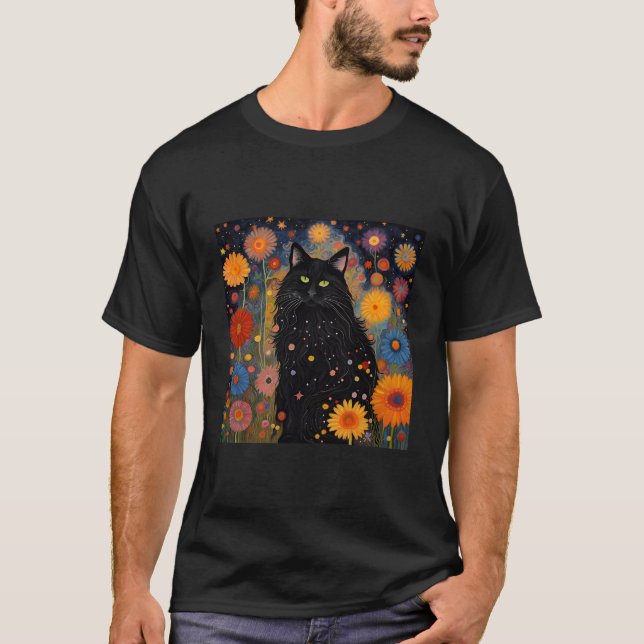 Beautiful Cat Black As Night Surrounded By Stars A T-Shirt (Front)
