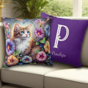 Beautiful Cat Flower Garden Custom Monogram Cushion