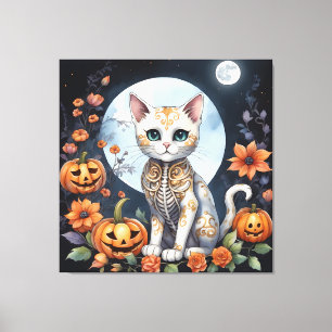 Beautiful Cat Halloween Floral Moon - Whimsical Canvas Print