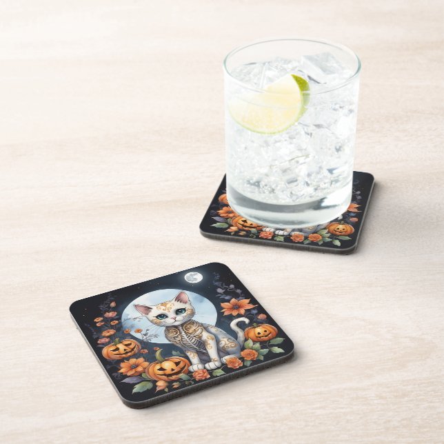 Beautiful Cat Halloween Floral Moon - Whimsical  Coaster (Right Side)