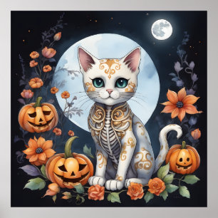 Beautiful Cat Halloween Floral Moon - Whimsical Fe Poster