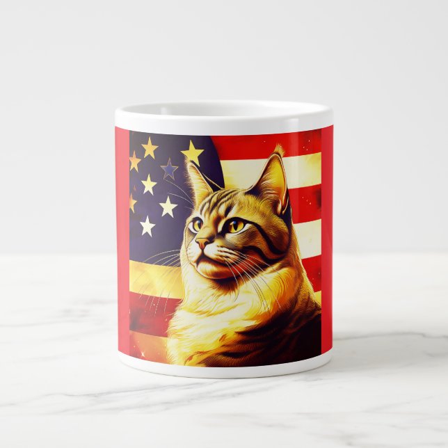 Beautiful Cat With American Flag Background Large Coffee Mug (Front)