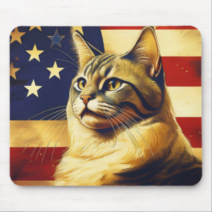 Beautiful Cat With American Flag Background Mouse Mat