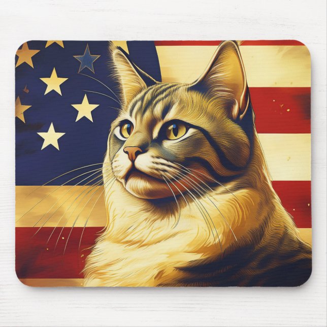 Beautiful Cat With American Flag Background Mouse Mat (Front)