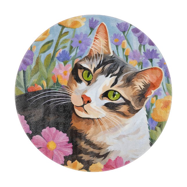 Beautiful cat with flowers cutting board (Front)
