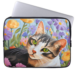 Beautiful cat with flowers laptop sleeve