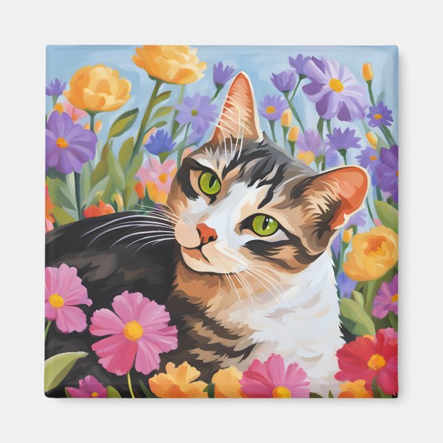Beautiful cat with flowers magnet (Front)