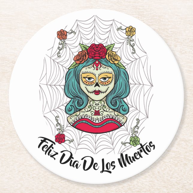 Beautiful Catrina Feliz Día de Muertos Round Paper Coaster (Front)