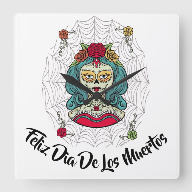 Beautiful Catrina Feliz Día de Muertos Square Wall Clock (Front)