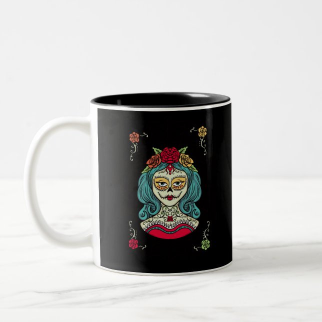 Beautiful Catrina Feliz Día de Muertos Two-Tone Coffee Mug (Left)