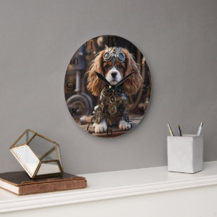Beautiful Cavalier Spaniel Puppy Steampunk, Large Clock