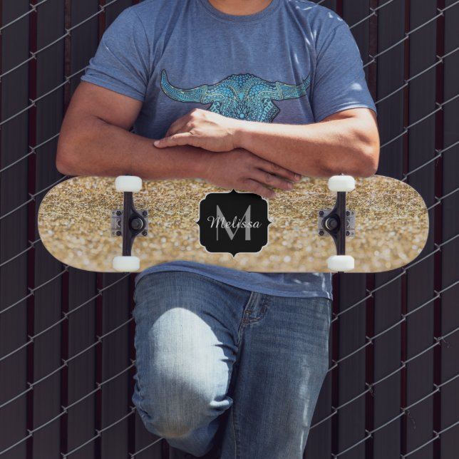 Beautiful champagne gold glitter sparkles Monogram Skateboard (Outdoor 3)