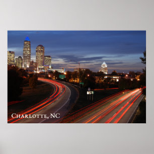 Beautiful Charlotte NC Skyline Highway at Dusk Poster