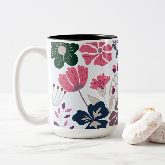 Beautiful & Charming Modern Floral Two-Tone Coffee Mug (With Donut)