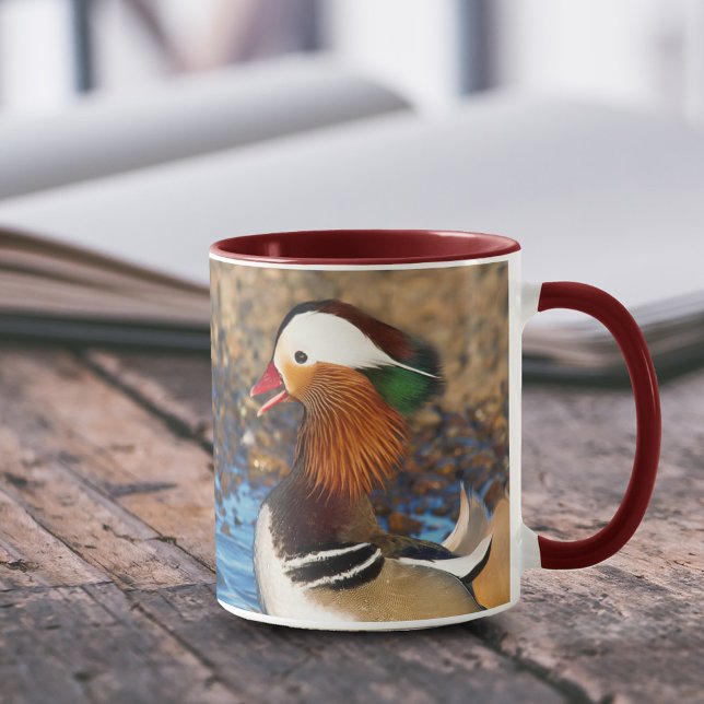 Beautiful Chatty Mandarin Duck on the Rocks Mug (Chatty Mandarin Duck at the Lake 11 oz Coffee Mug Cover Photo.)
