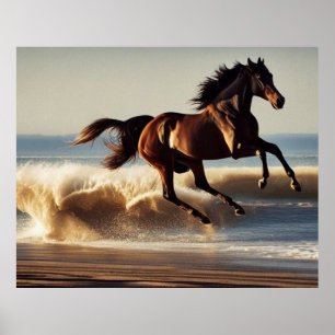 beautiful chestnut horse at the beach poster
