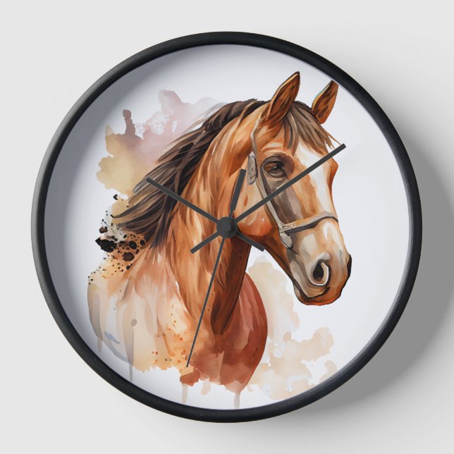 BEAUTIFUL CHESTNUT WATERCOLOR HORSES HEAD CLOCK (Front)