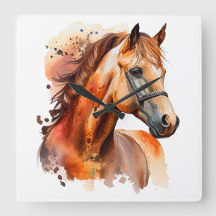 BEAUTIFUL CHESTNUT WATERCOLOR HORSES HEAD SQUARE WALL CLOCK