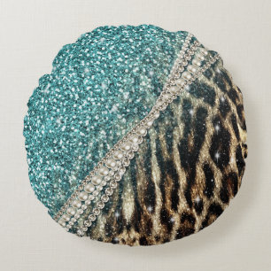 Beautiful chic girly leopard animal faux fur print round cushion