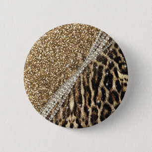 Beautiful Chic Girly Leopard Print Gold Glitter 6 Cm Round Badge