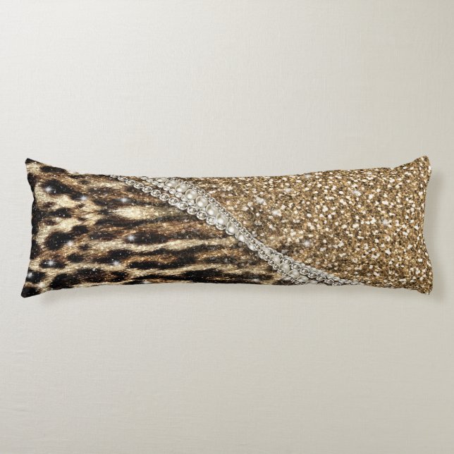 Beautiful Chic Girly Leopard Print Gold Glitter Body Cushion (Front)