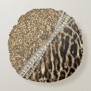 Beautiful Chic Girly Leopard Print Gold Glitter Round Cushion
