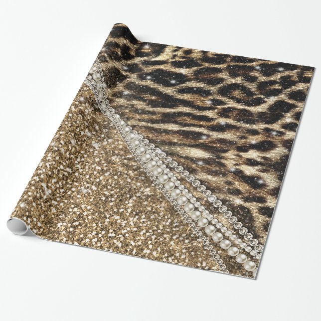 Beautiful Chic Girly Leopard Print Gold Glitter Wrapping Paper (Unrolled)