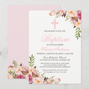 Beautiful Chic Pink Floral Baptism Invitation