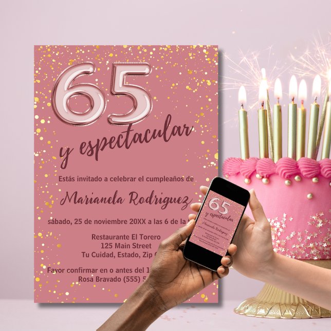 Beautiful Chic Rose Gold 65th Birthday Spanish Invitation (Creator Uploaded)