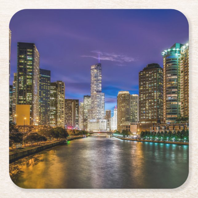 Beautiful Chicago River at Sunset, Illinois Square Paper Coaster (Front)