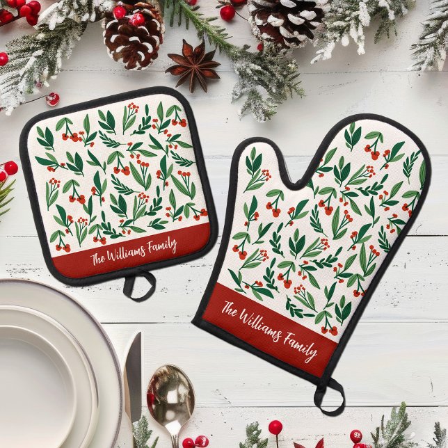 Beautiful Christmas Botanical Holly Berry Custom Oven Mitt & Pot Holder Set (Creator Uploaded)
