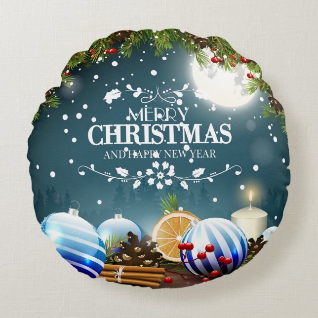 Beautiful Christmas Design with snow branches Round Cushion (Front)