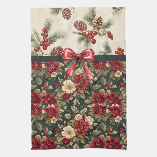 Beautiful Christmas Floral and Pine Cones Tea Towel (Vertical)