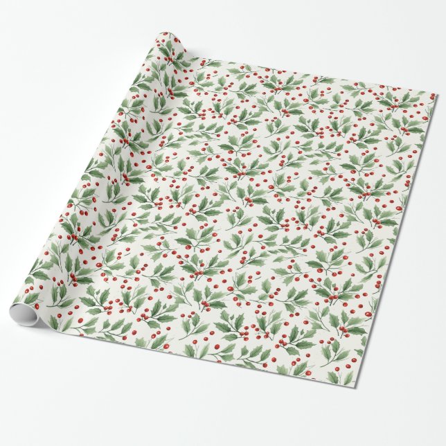 Beautiful Christmas Holly Berries Wrapping Paper (Unrolled)