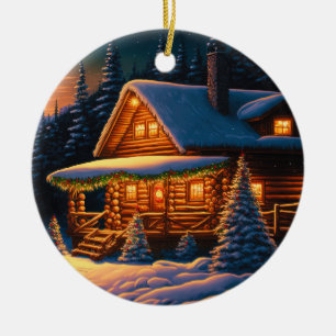 Beautiful Christmas Lights Log Cabin Mountain Snow Ceramic Tree Decoration