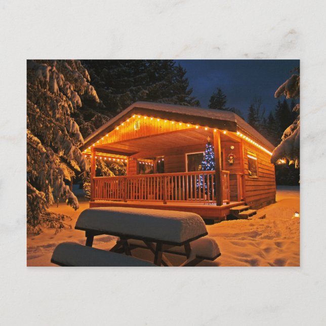 Beautiful Christmas Lights on Log Cabin in Snow Holiday Postcard (Front)