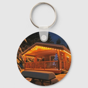 Beautiful Christmas Lights on Log Cabin in Snow Key Ring