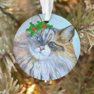 Beautiful Christmas Norwegian Forest Cat Holly Ce Ornament