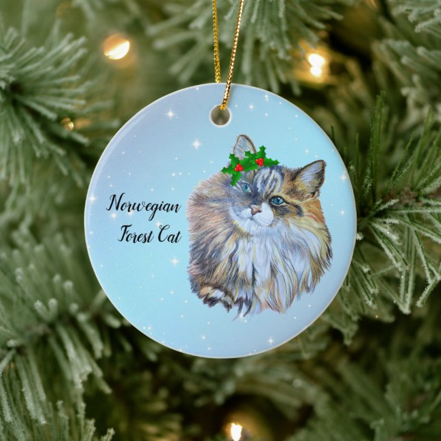 Beautiful Christmas Norwegian Forest Cat Holly  Ceramic Tree Decoration (Tree)