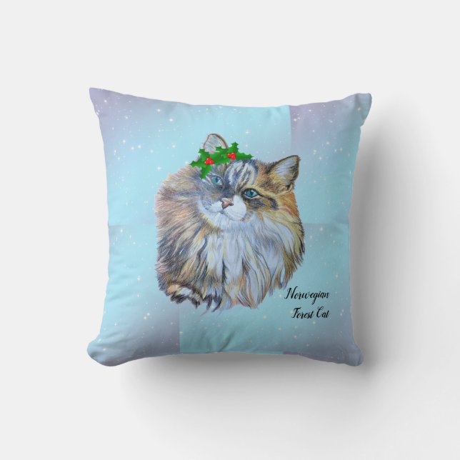 Beautiful Christmas Norwegian Forest Cat Holly    Cushion (Front)