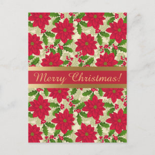 Beautiful Christmas Poinsettia, Holly, Pine branch Holiday Postcard