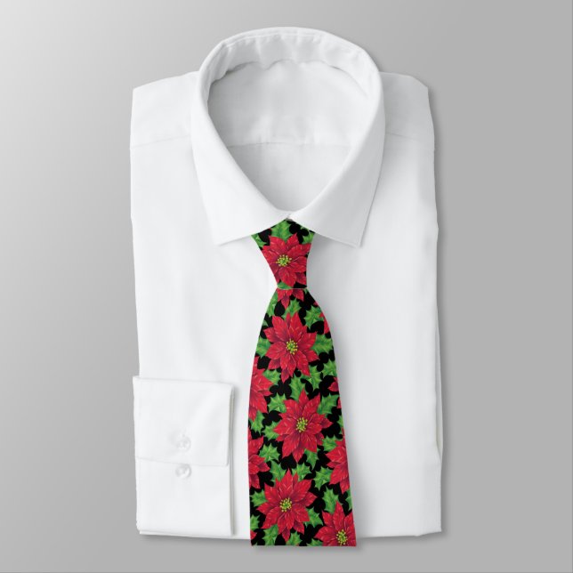 Beautiful Christmas Poinsettia pattern on black Tie (Tied)