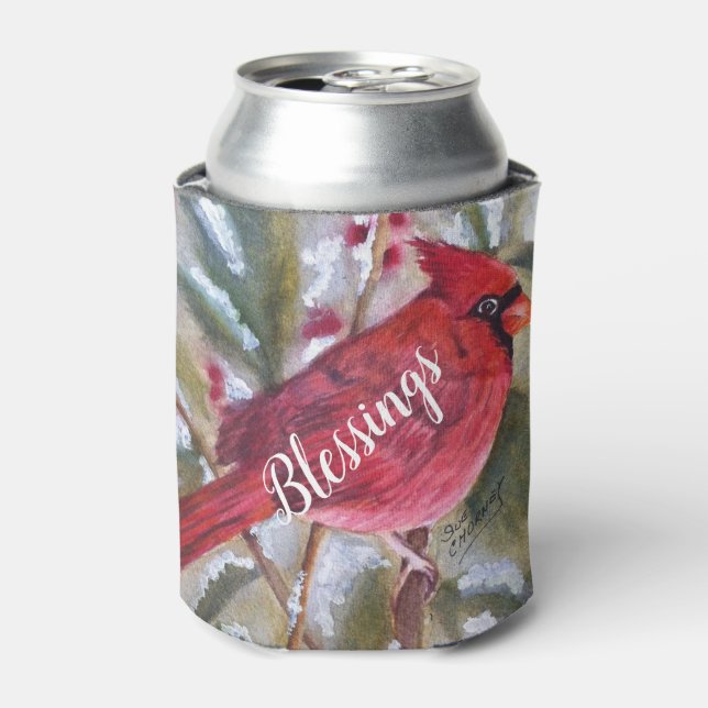 BEAUTIFUL CHRISTMAS RED CARDINAL BIRD PARTY CAN COOLER (Can Front)
